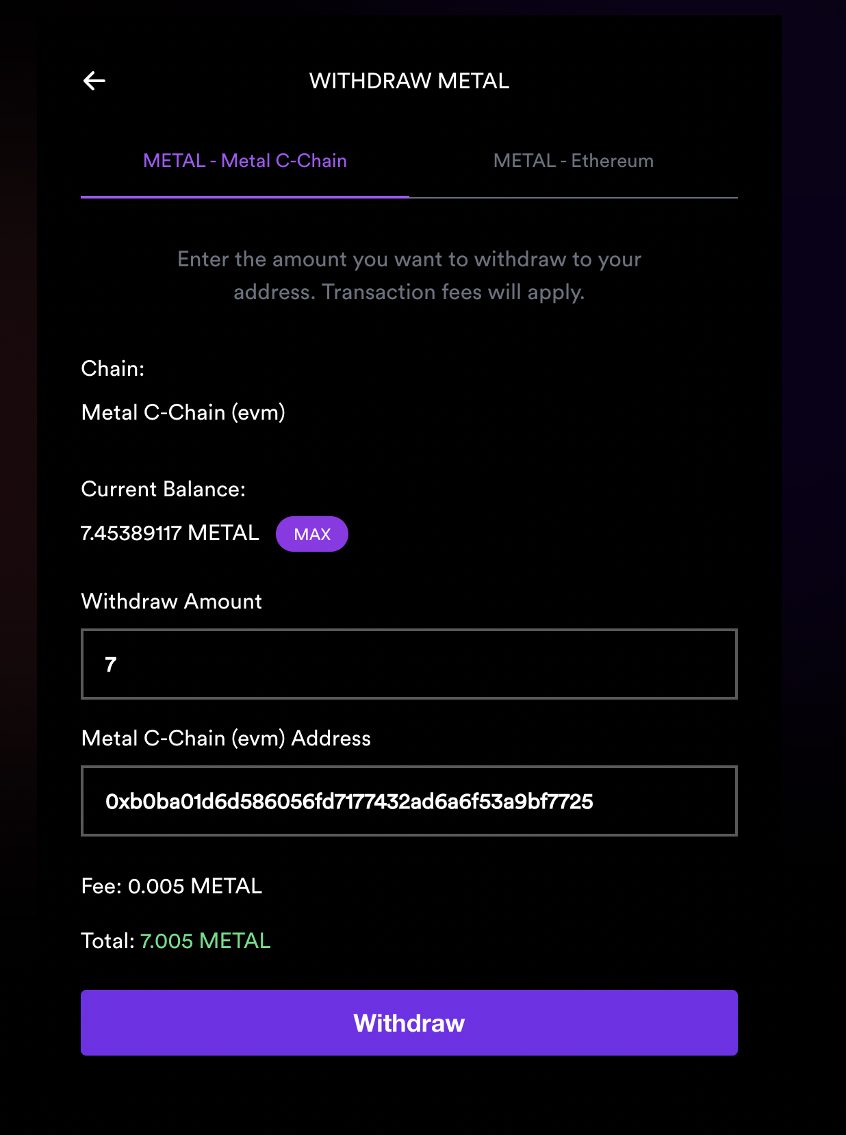 send to Metal Blockchain